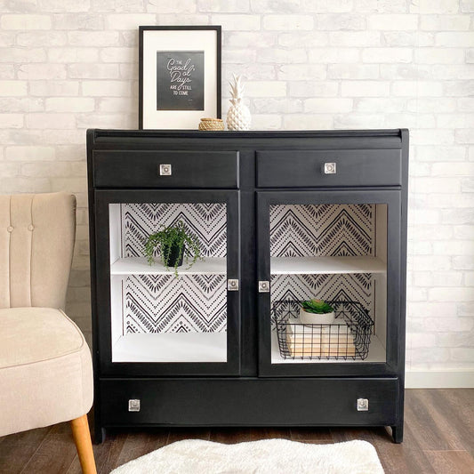 Storage Cabinet/Bookshelf with Drawers in "Liquorice" with Decorative Wallpaper