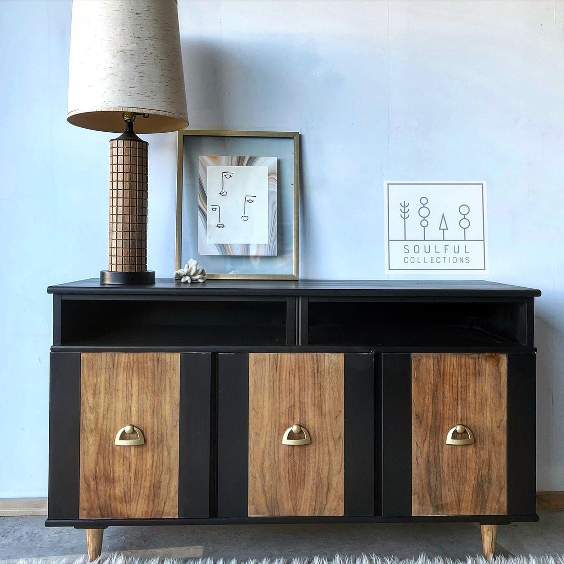 Mid-Century Modern Buffet/Dresser in "Liquorice" with Natural Wood Doors and Feet