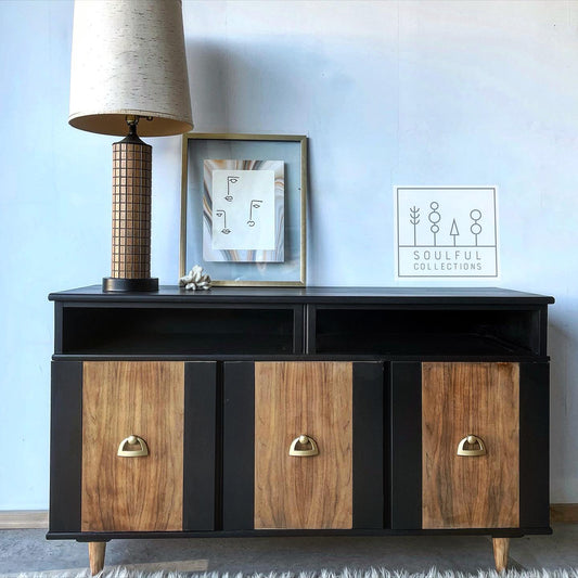 Mid-Century Modern Buffet/Dresser in "Liquorice" with Natural Wood Doors and Feet