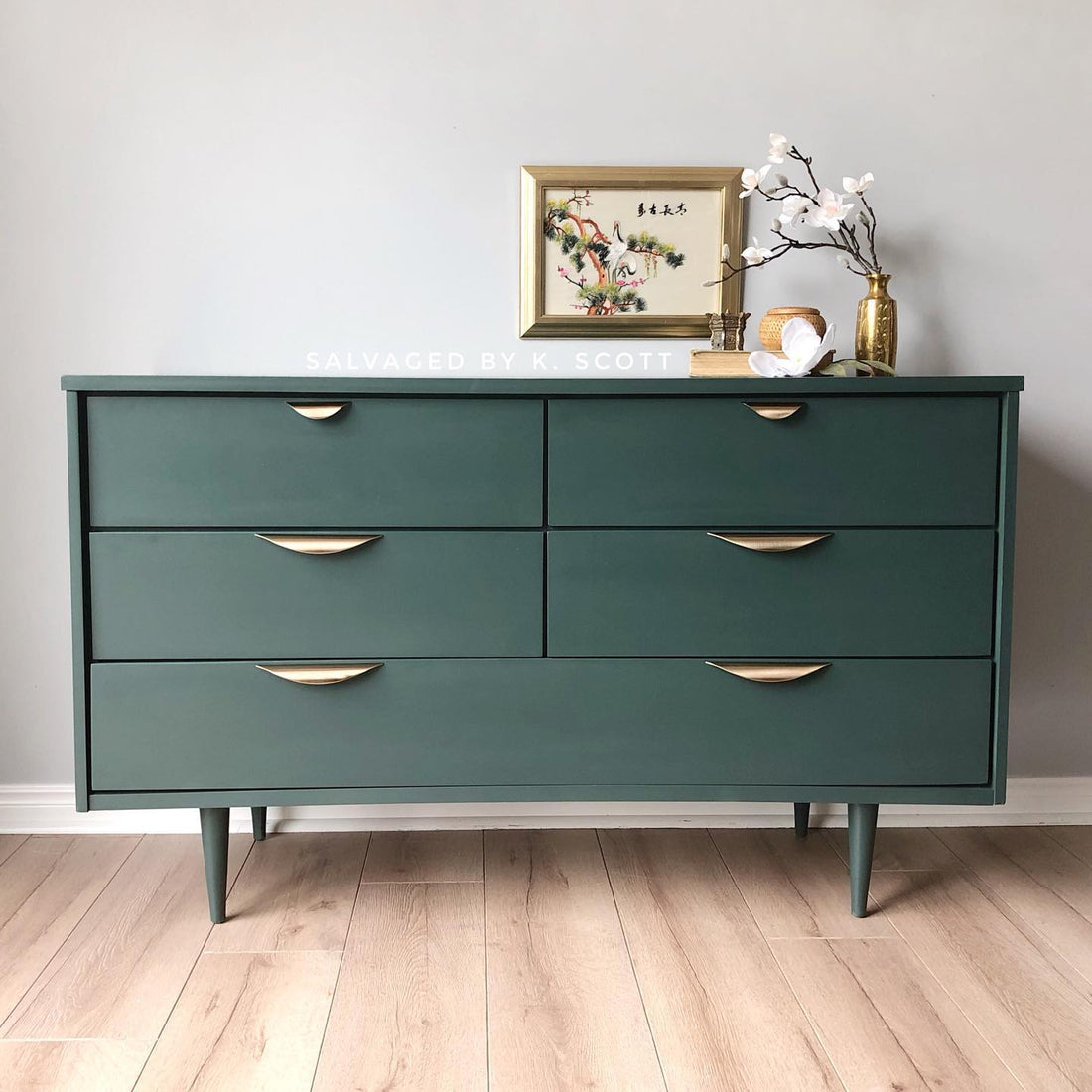 Mid-Century Modern Dresser in "Hollow Hill" with Gold Accents