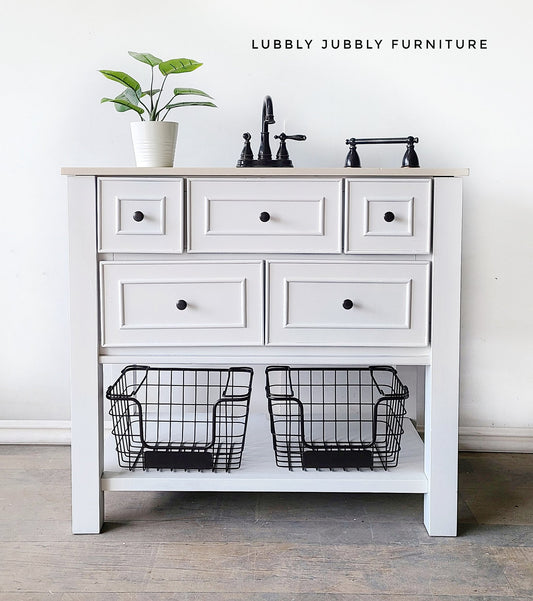 Bathroom Vanity in "Crinoline" with Wire Baskets and Black Hardware