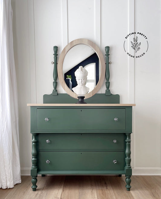 Dresser in "Hollow Hill" with natural wood top and mirror