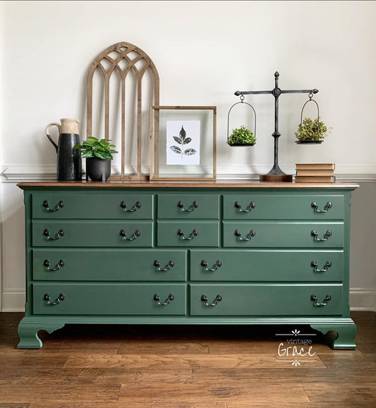 Dresser in Hollow Hill with natural wood top and mirror