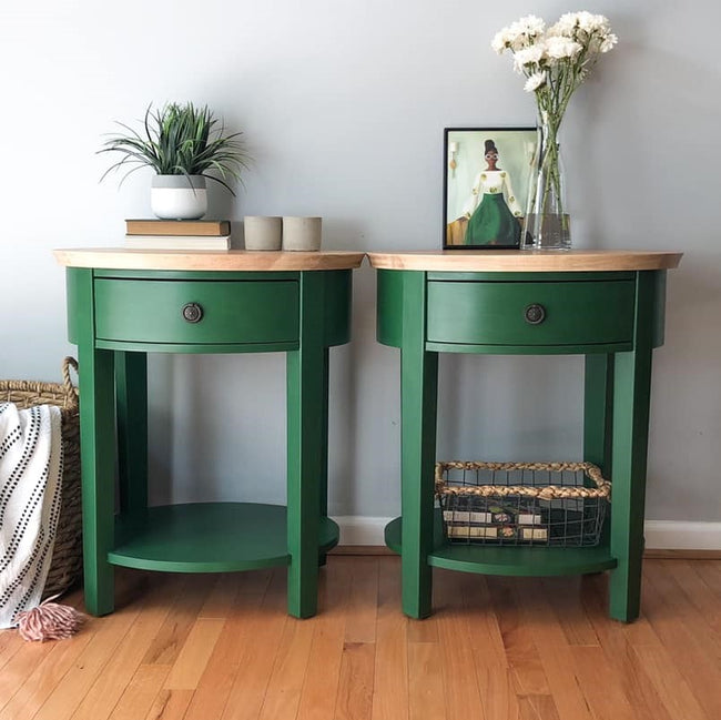 Round End Tables in "Fireworks" with Natural Wood Tops