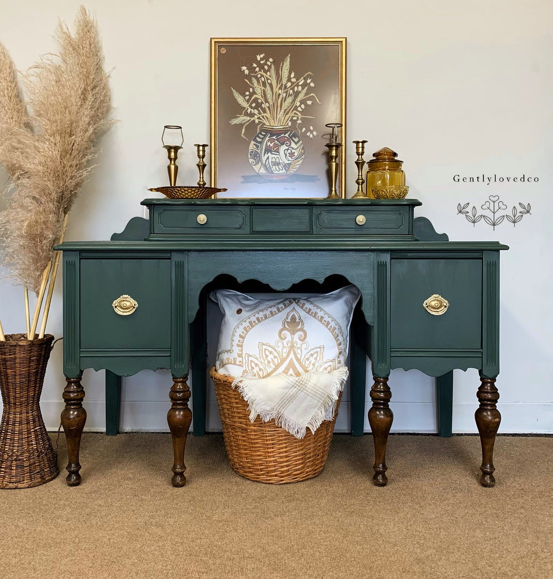 Vanity/Desk in "Hollow Hill" with Gold Hardware