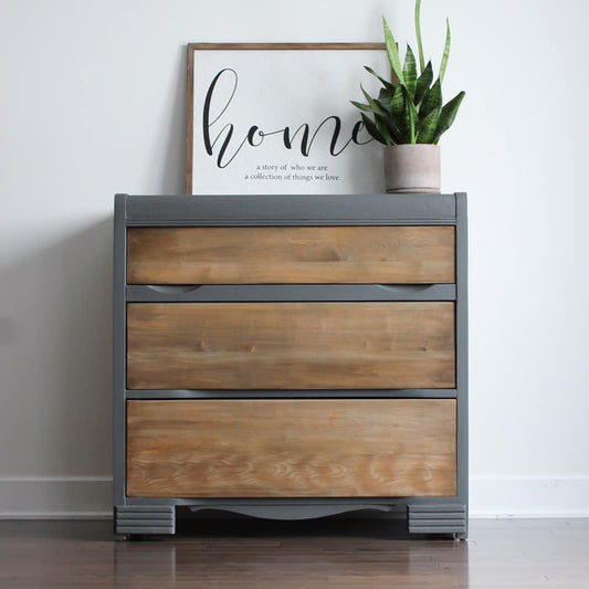 Three Drawer Dresser with Stained Wood Drawers and "Cobblestone" Accents