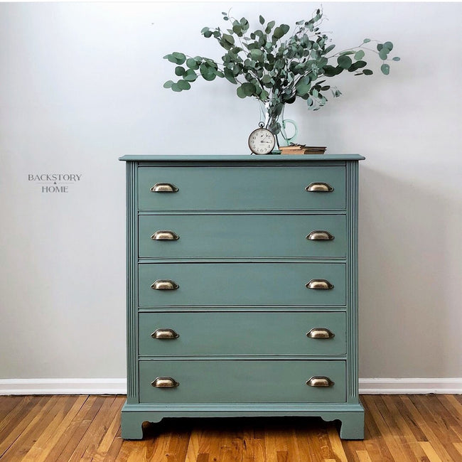 Tall Five Drawer Dresser in "Wanderess" with Pewter Hardware