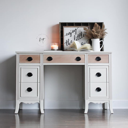 Seven Drawer Desk in "Sunday Tea" with Paint Washed Wood Drawers