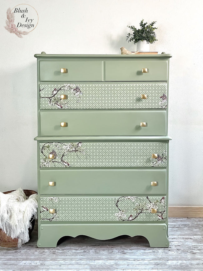 Tall 6 Drawer Dresser in "Sage Advice" with Floral Stencil