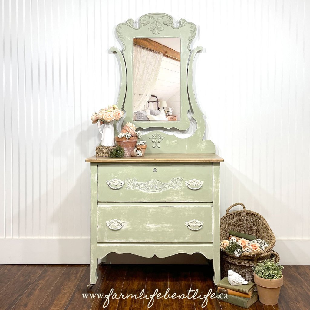 Two Drawer Dresser/Vanity in "Sage Advice" with Natural Wood Top