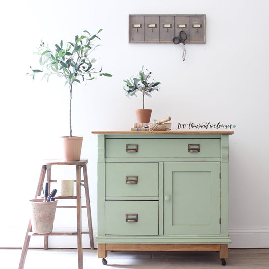 Farmhouse Storage Cabinet in "Sage Advice" with Library Pulls and Natural Wood Top