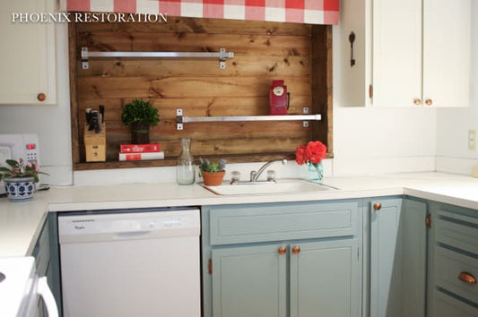 Cottage country kitchen painted white and blue cabinets with red gingham curtains