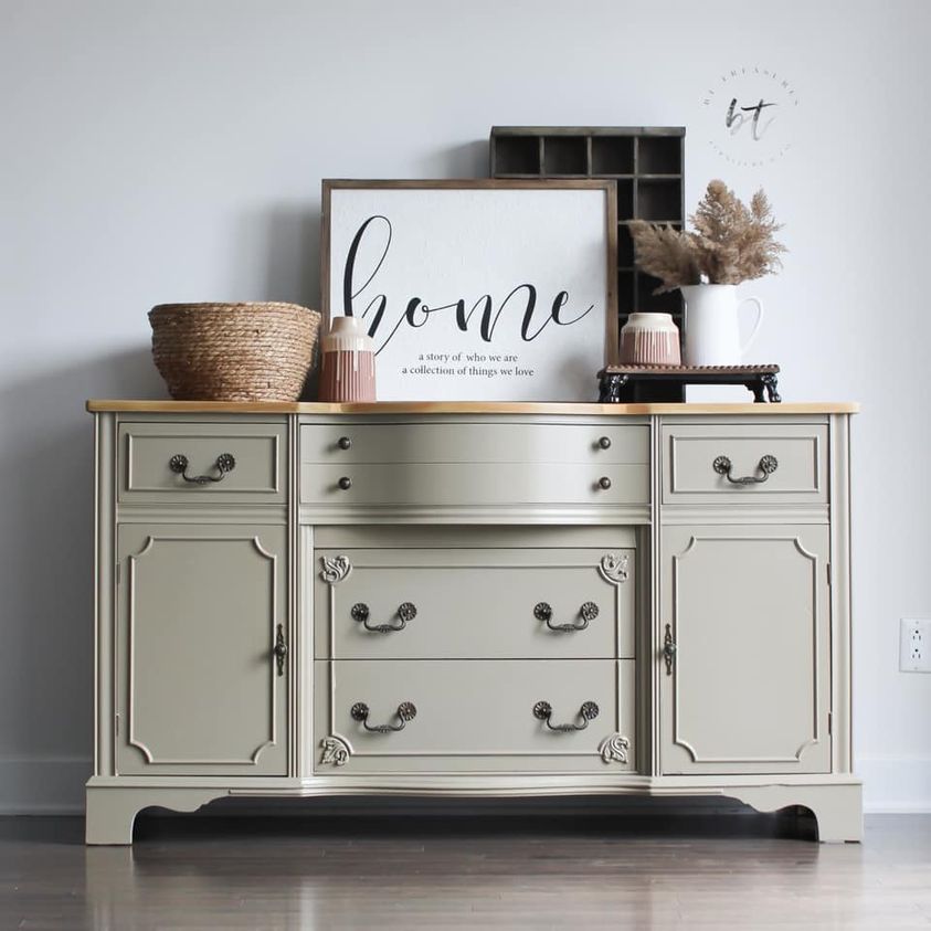 Curved Drawer Buffet/Dresser in "Driftwood" with Natural Wood Top