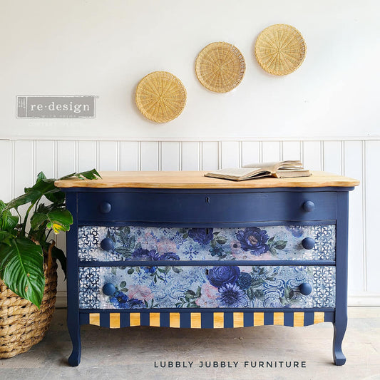 three drawer dresser in peacoat with stencil and natural wood top wicker wall art