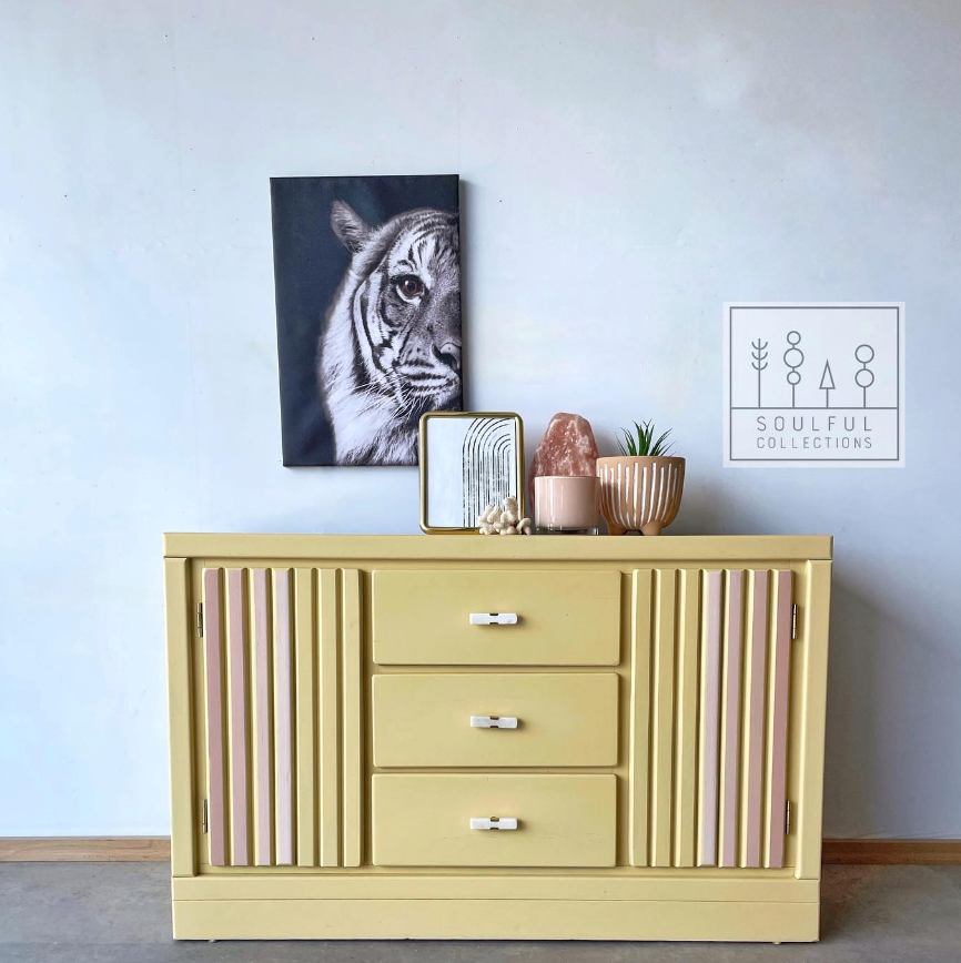 Pastel yellow pink ombre striped painted buffet dresser