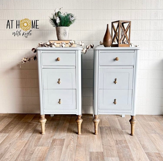 Vanity upcycled into two matching nightstands end tables in powder blue