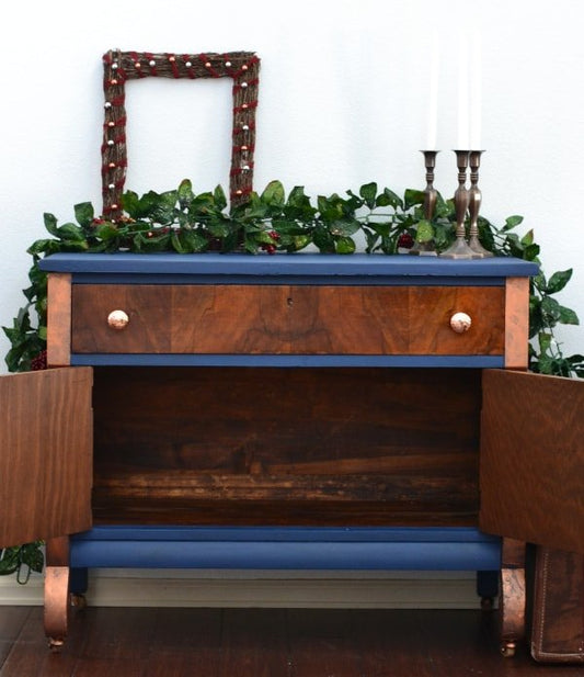 Elegant Hall Cabinet in "Peacoat" with Dark Wood Doors/Drawers