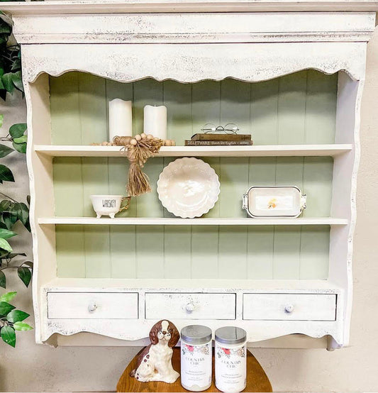 White and sage green farmhouse shelving cabinet