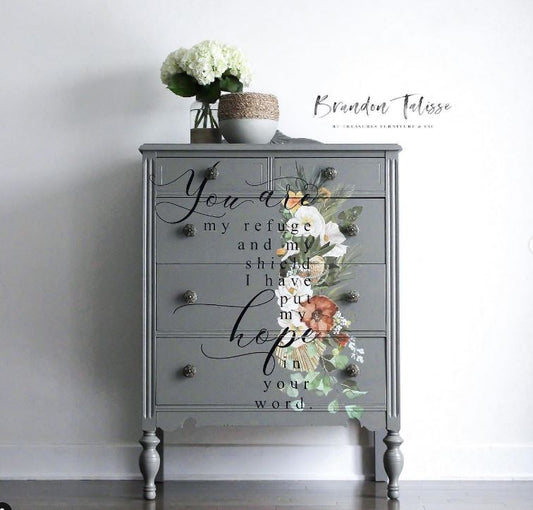 Grey painted dresser with floral furniture transfers