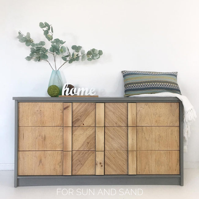 Curved Front Dresser in "Cobblestone" with Pewter Hardware and Stained Wood Top