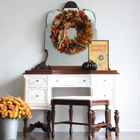 Desk/Vanity with Stool in "Crinoline" with Dark Wood Accents