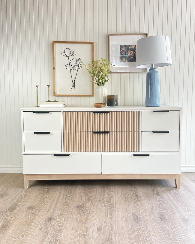 Mid century modern mcm White painted dresser with raw wood fluted drawers