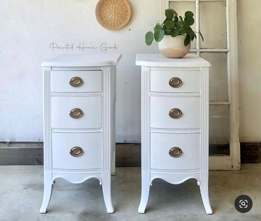 Vanity upcycled into repurposed matching white painted nightstands