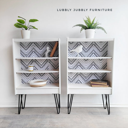 Mid-Century Modern Accent Tables with Hairpin Legs in "Crinoline" with "Clear Coat"