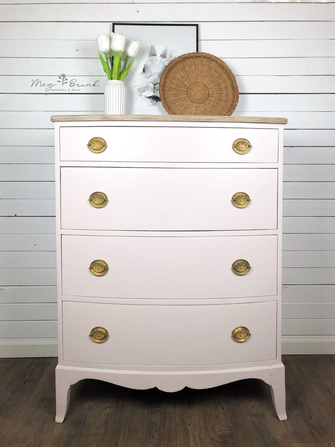 Bow-Front Dresser in "Darling" with Gold Hardware and Natural Top