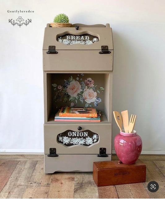 brown vintage floral painted bread box and onion box