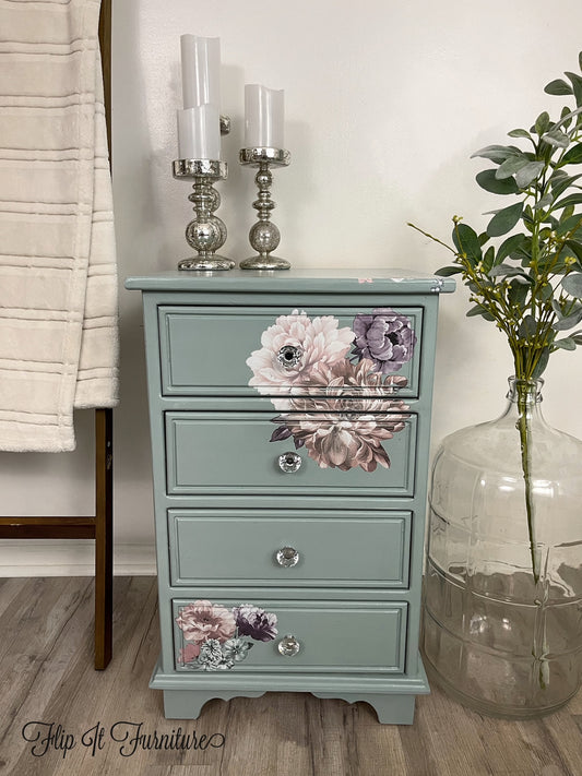 Blue painted floral nightstand with crystal knobs