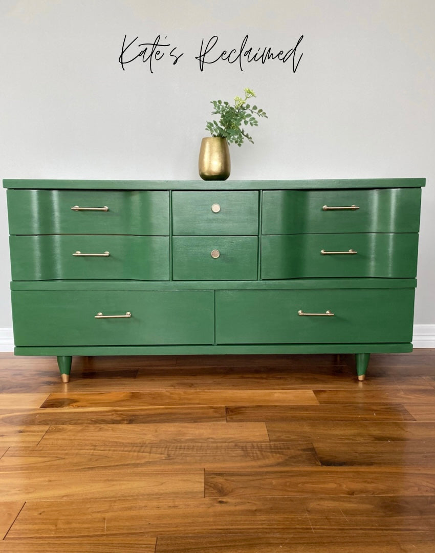 Mid century modern green dresser with gold accents - diy furniture paint makeover