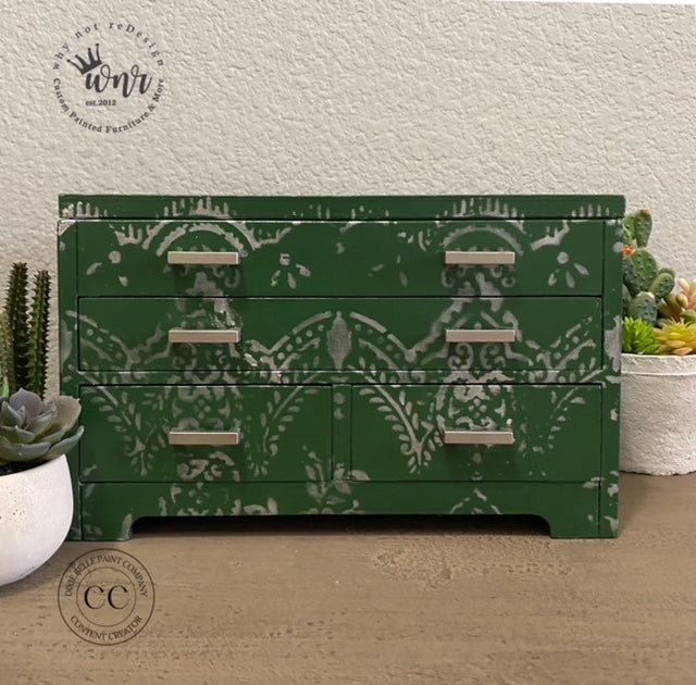 Forest Green Dresser with silver metallic stencil designs