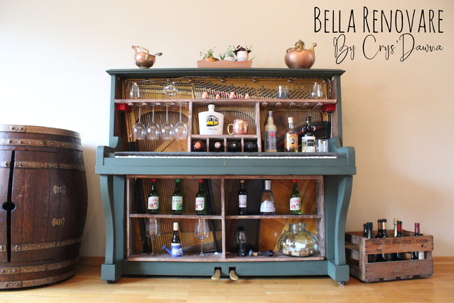 Old piano upcycled into bar painted in dark green chalk furniture paint