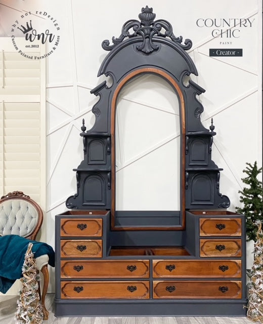 Dark grey ornate painted antique dresser