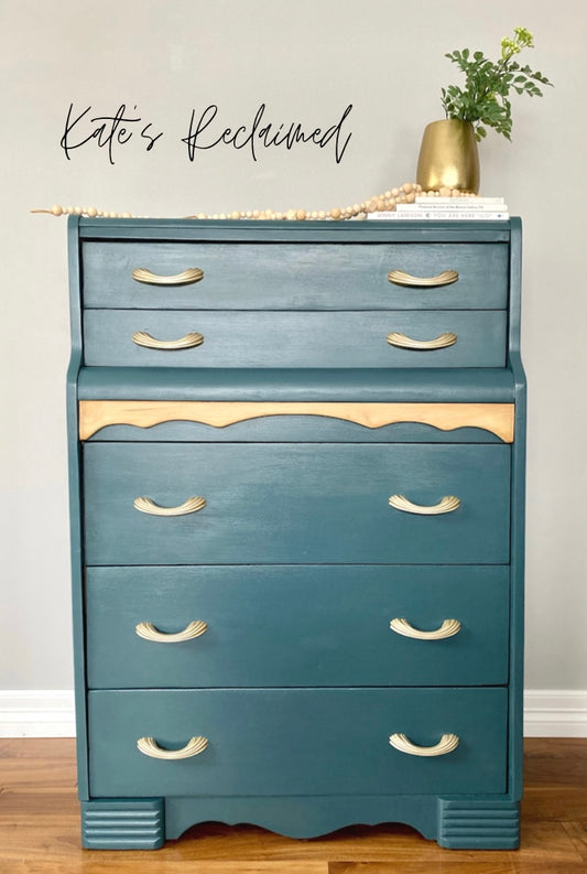 Painted teal blue art deco tallboy dresser