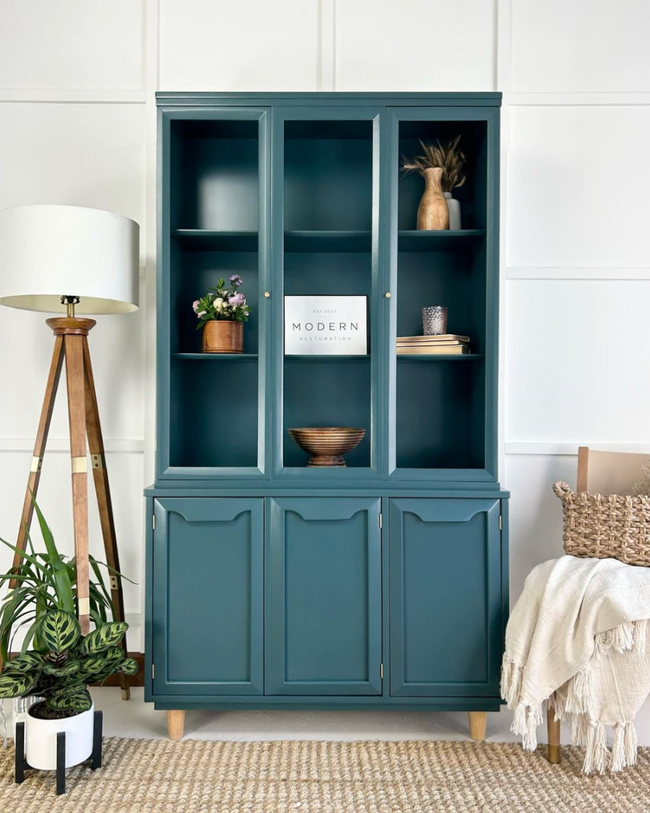 Dark teal painted china cabinet hutch