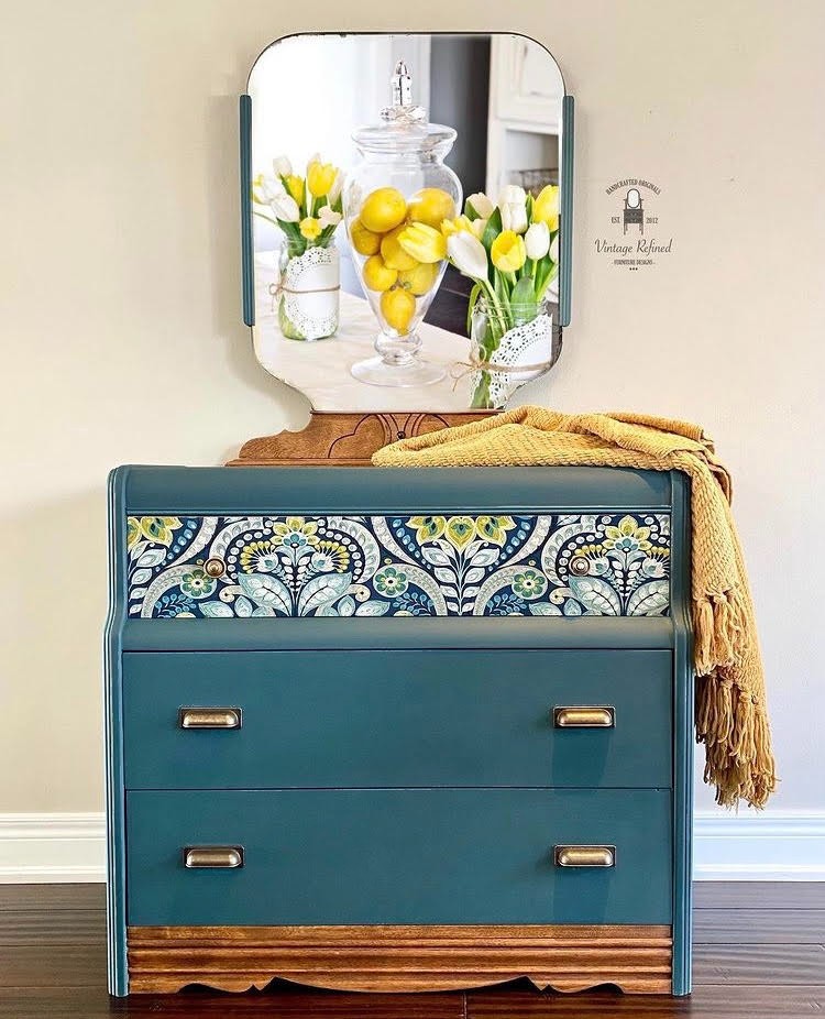 Teal blue painted dresser with paisley pattern yellow tulips and lemons