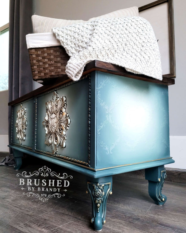 Blended teal blue stenciled storage trunk with ornate mandalas