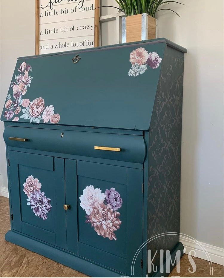 Dark teal painted secretary desk with floral transfers and stencils