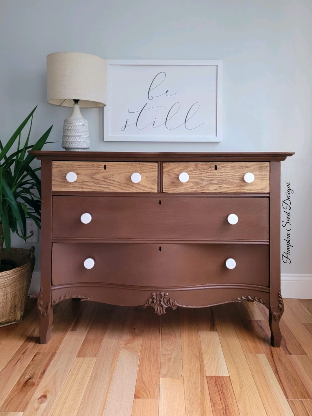 Chocolate brown painted dresser with serpentine drawers