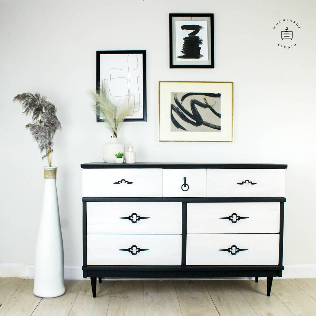 Black and white mid century modern dresser painted with chalk furniture paint