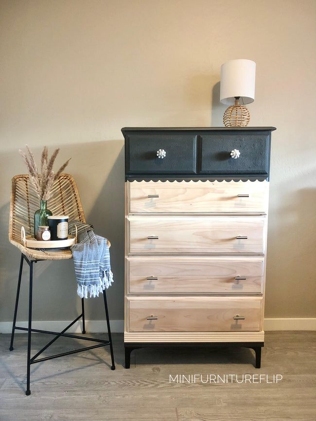 Dresser half painted in black with scalloped edge