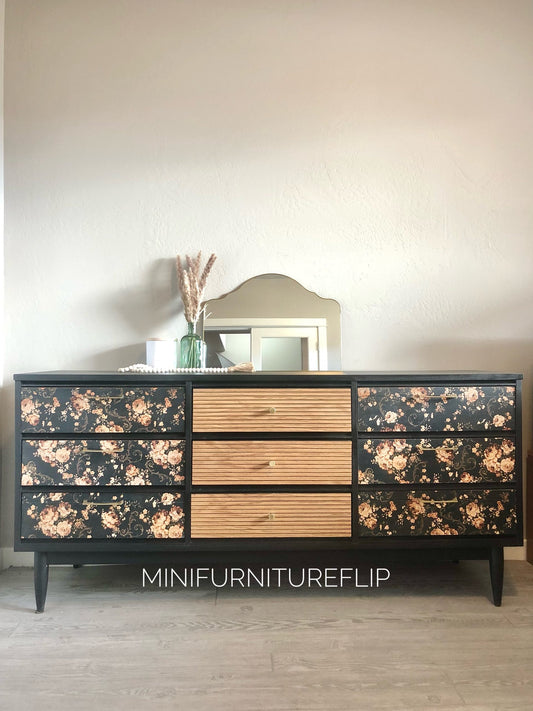 Black floral mid century modern dresser