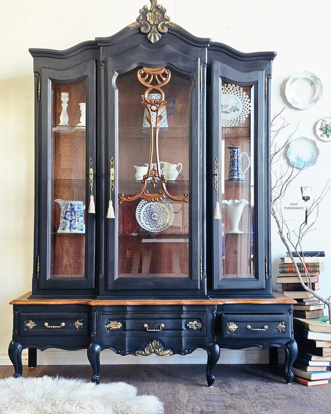 Black painted ornate antique china cabinet