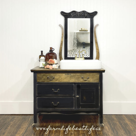 Black painted antique washstand with harp mirror