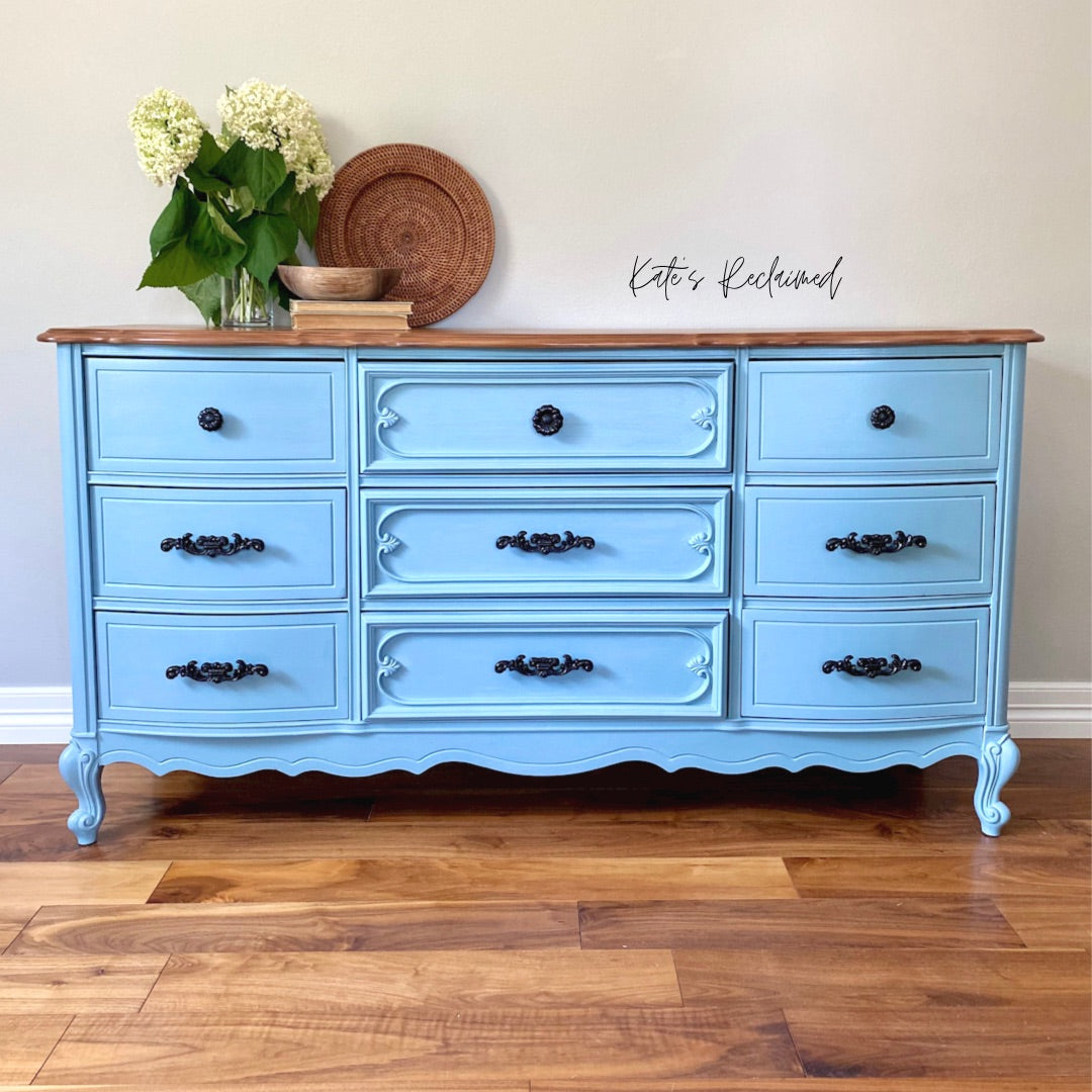 Light blue painted french provincial dresser