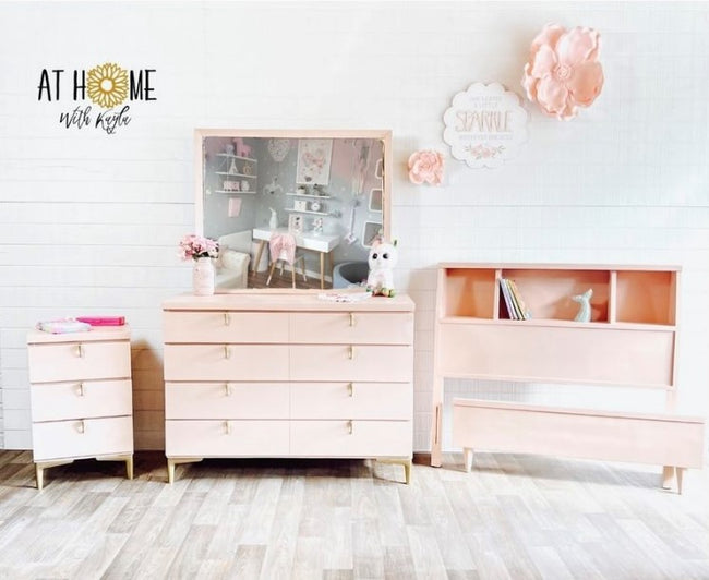 Pastel pink bedroom set matching nightstand dresser and bed frame headboard footboard