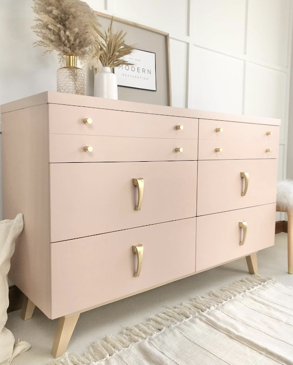 Mid-century dresser in "Ooh La La" with gold and light wood accents