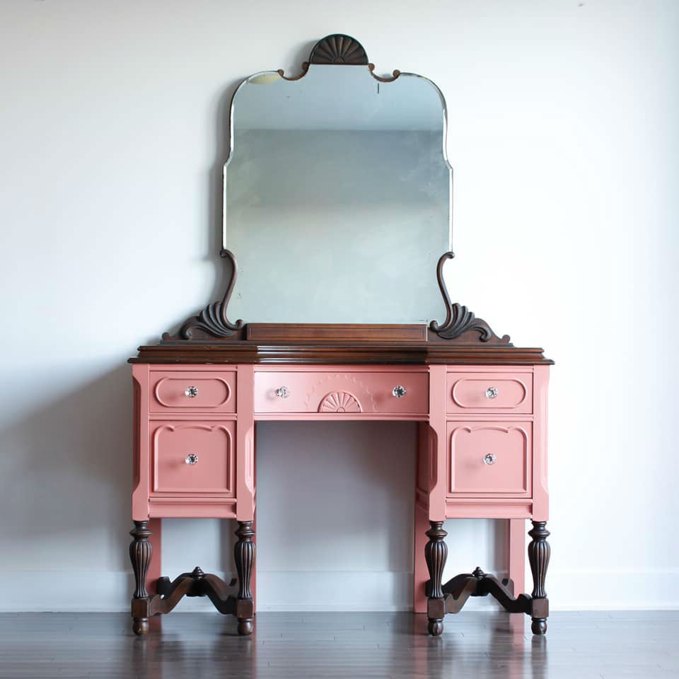 Two-Tone Vanity with Mirror  in "Peachy Keen" and Dark Wood